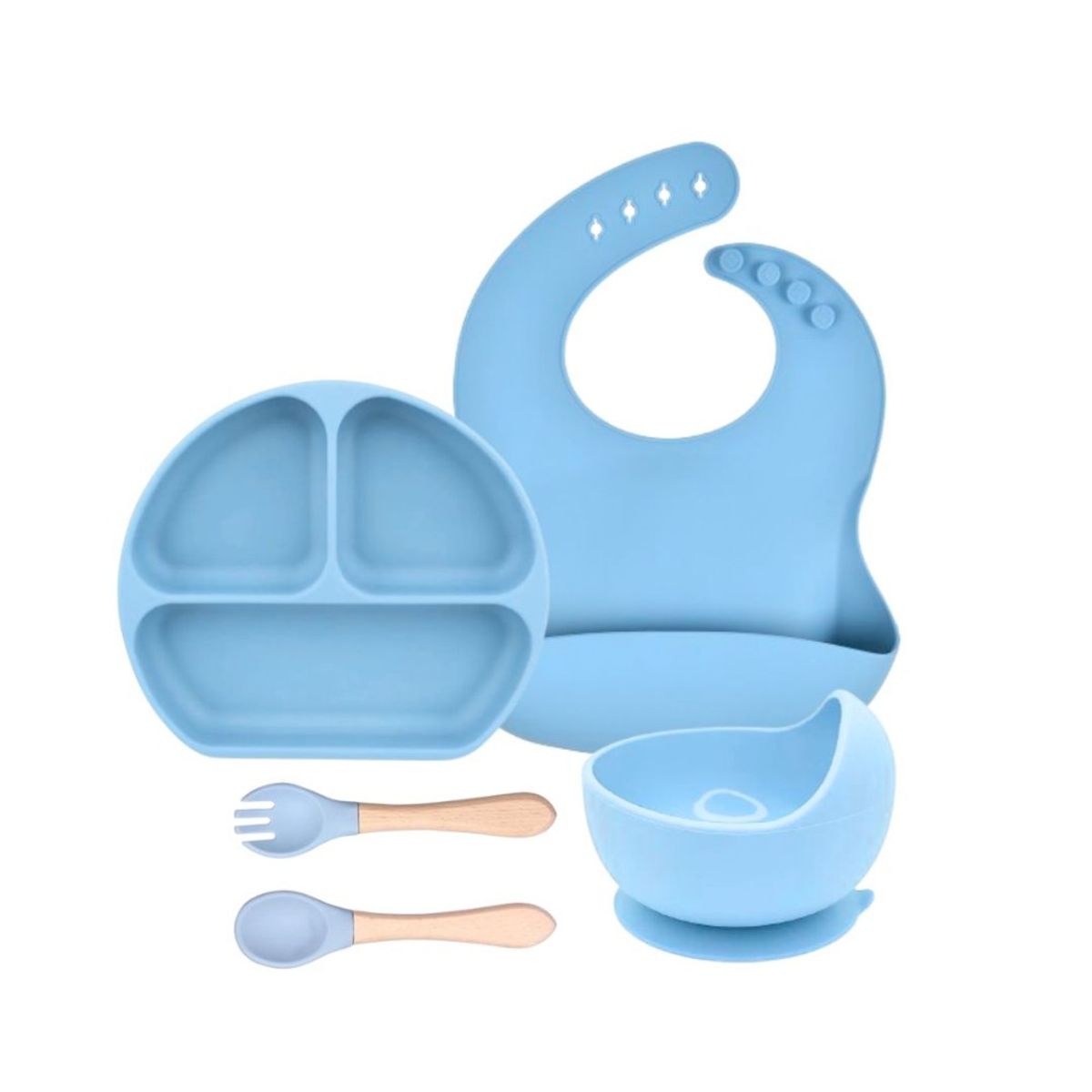 GENERICO - Kit de Alimentacion 5 Piezas Celeste de Silicona para Bebe