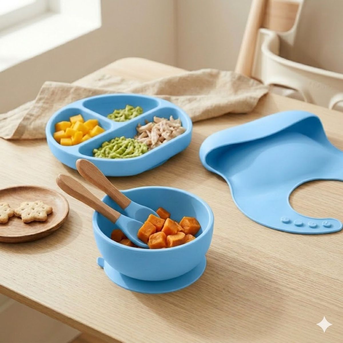 GENERICO - Kit de Alimentacion 5 Piezas Celeste de Silicona para Bebe