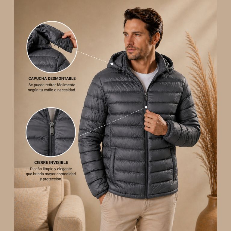 Casaca Puffer Hombre Ultraligera con Capucha Removible GENERICO ...