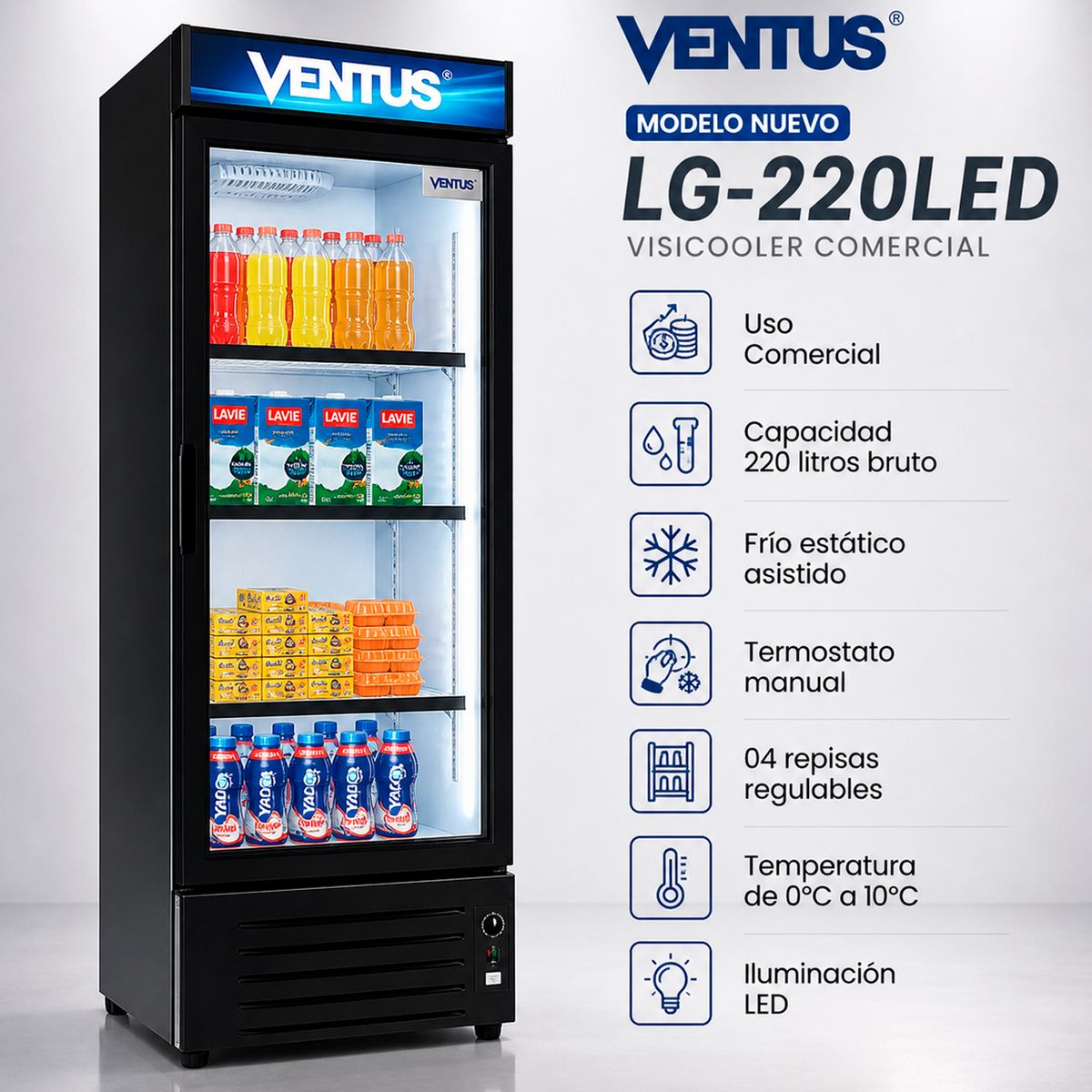 VENTUS - VISICOOLER 1 PTA DE VIDRIO 220LT VENTUS LG-220 LED