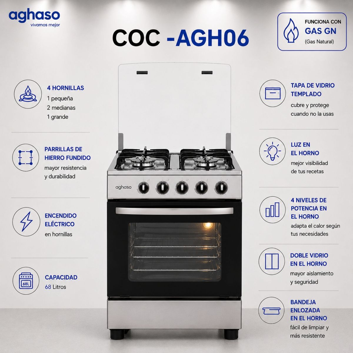 AGHASO - COCINA AGHASO GN 4 HORNILLAS Y PARRILLAS DE HIERRO FUNDIDO COC-AGH06