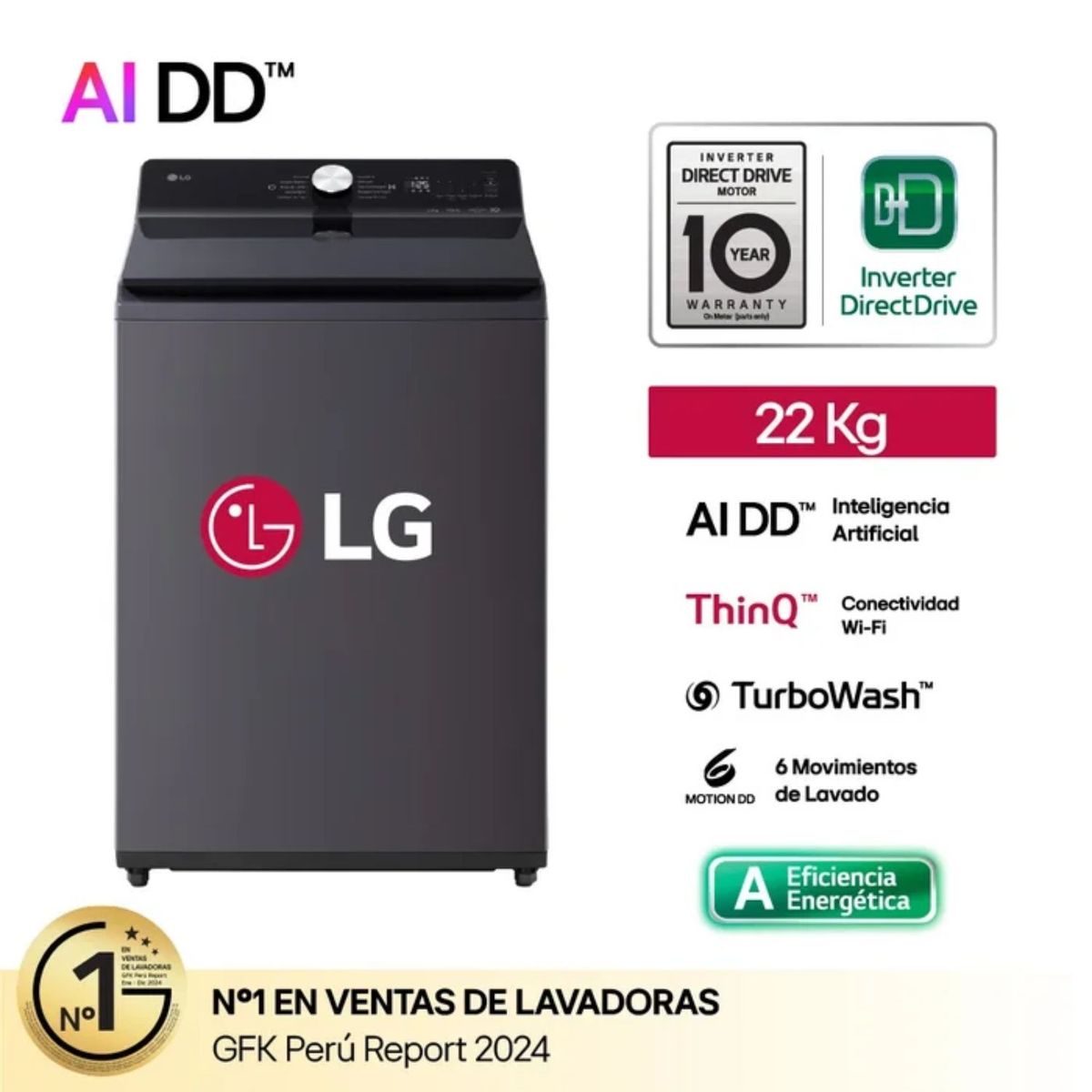 LG - Lavadora LG WT22EGTX 22Kg con Inteligencia Artificial Carga Superior Negro