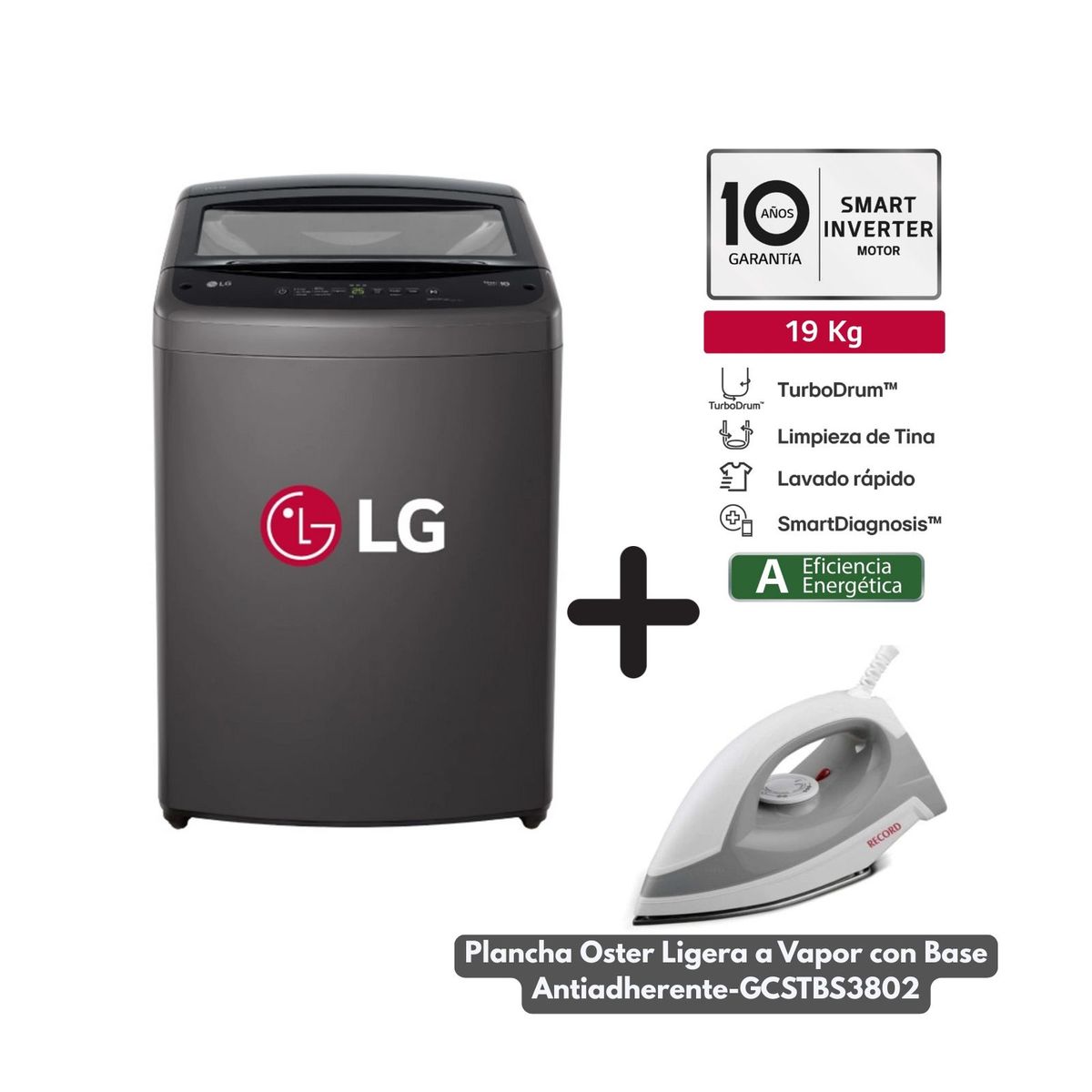 LG - Lavadora LG 19 Kg Superior Turbo Drum Negro WT19BVTB + Plancha a Vapor Oster 1200 W GCSTBS3802