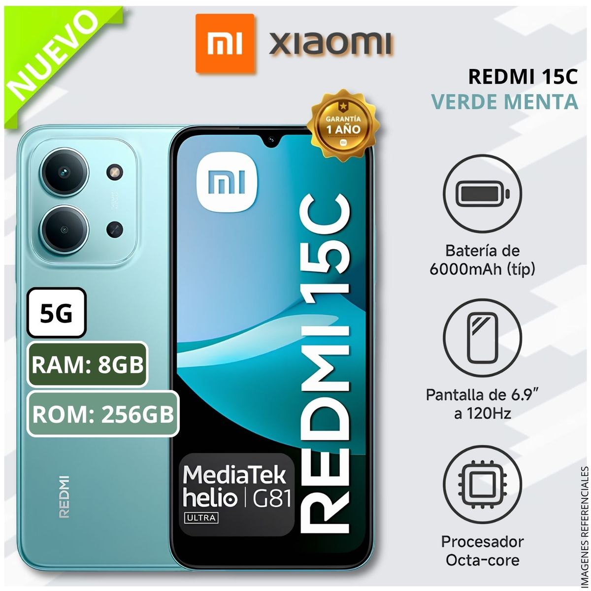 XIAOMI - Celular Smartphone Xiaomi Redmi 15C 256GB ROM 8GB RAM 6000 mAh NFC 120Hz - Verde