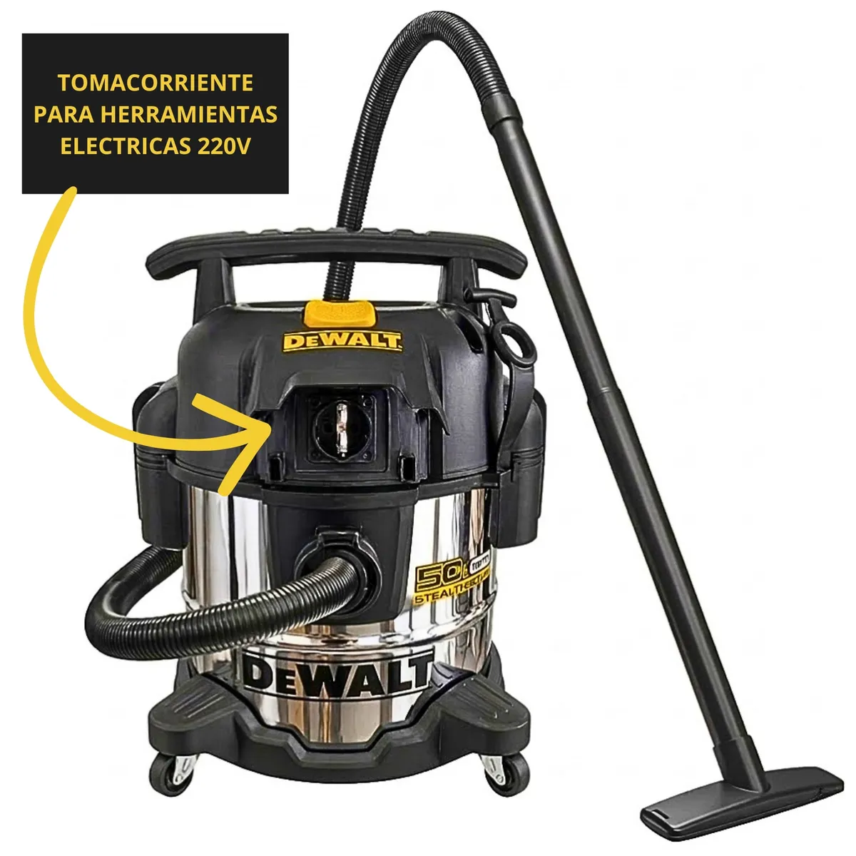 DEWALT - ASPIRADORA PARA SOLIDOS Y LIQUIDO 20 LITROS ACERO INOXIDABLE CON TOMA PARA HERAMIENTAS ELECTRICAS