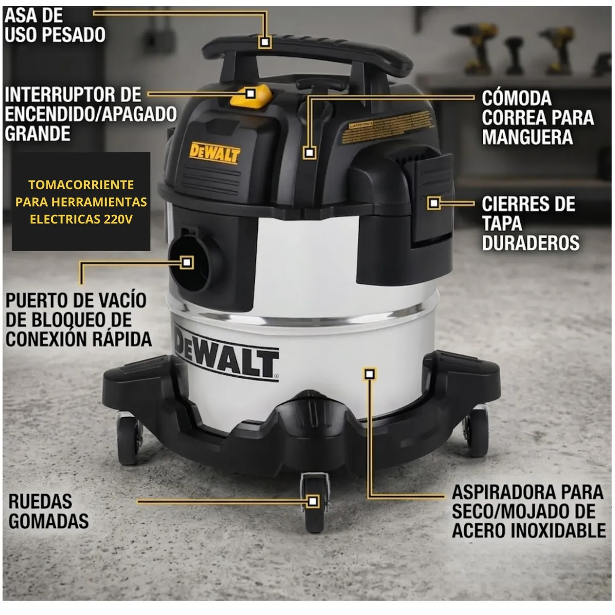 DEWALT - ASPIRADORA PARA SOLIDOS Y LIQUIDO 20 LITROS ACERO INOXIDABLE CON TOMA PARA HERAMIENTAS ELECTRICAS