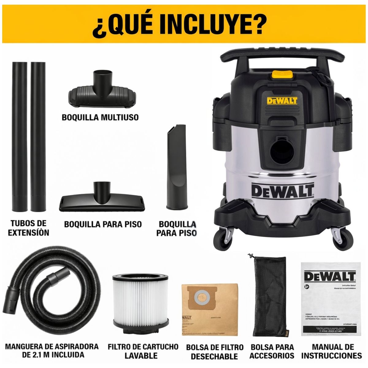 DEWALT - ASPIRADORA PARA SOLIDOS Y LIQUIDO 20 LITROS ACERO INOXIDABLE CON TOMA PARA HERAMIENTAS ELECTRICAS