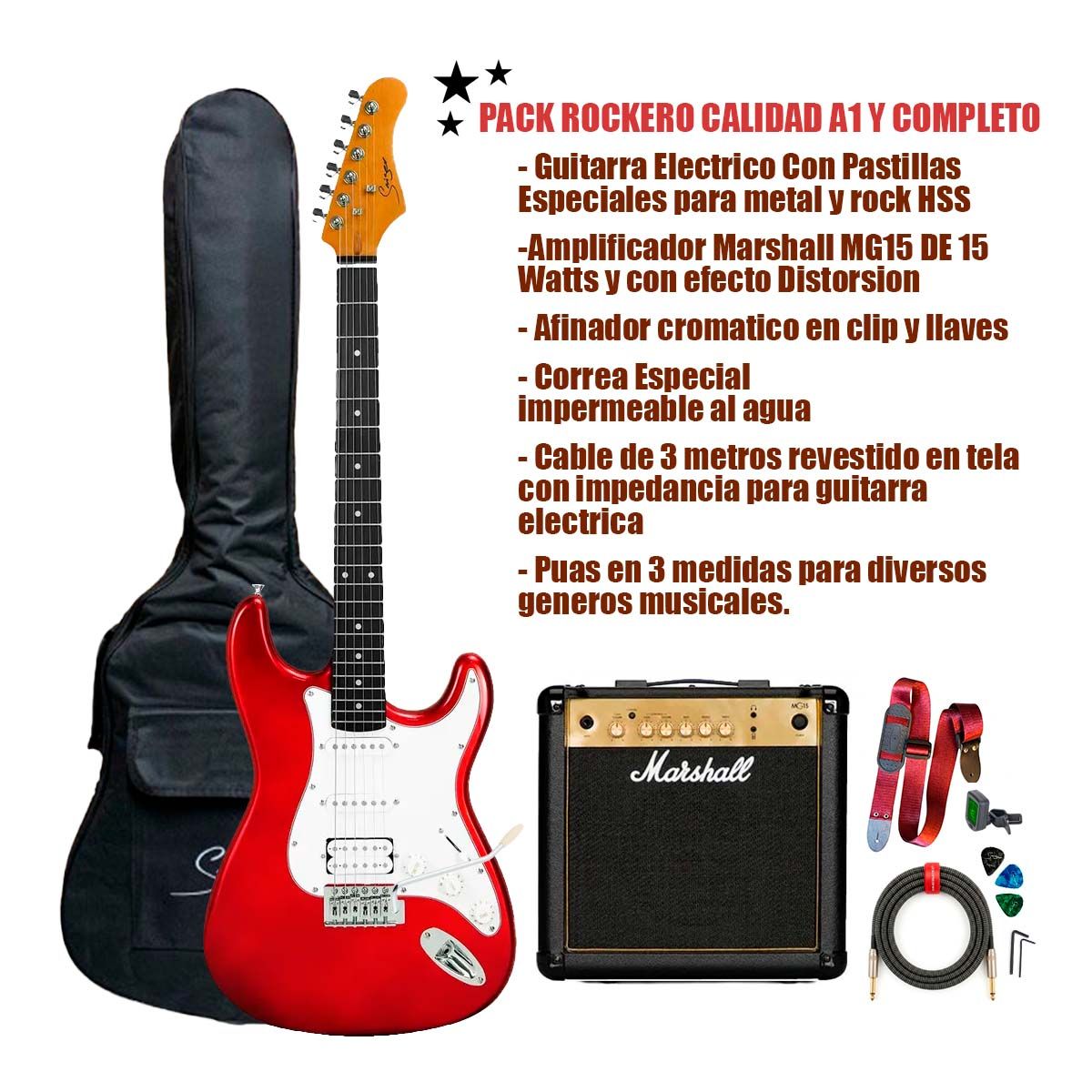 MARSHALL - Pack de Guitarra Electrica HSS + Amplificador Marshall MG15