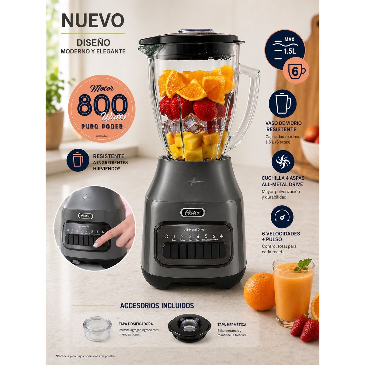 OSTER - LICUADORA OSTER 6 VELOCIDADES + PULSO CON VASO DE VIDRIO BLSTPEG-GPB GRIS