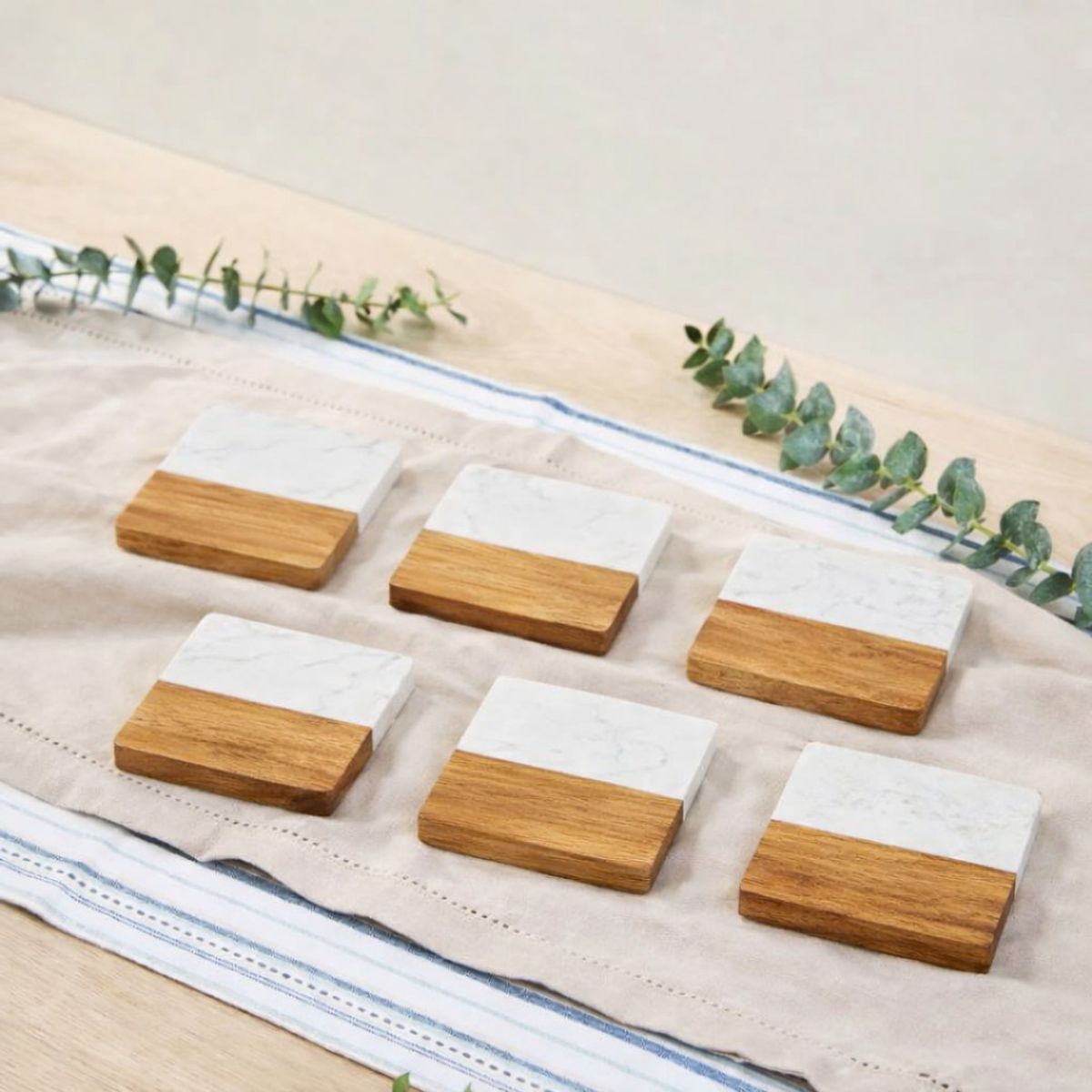 GENERICO - Set de Posavasos en Madera y Mármol Cuadrado- 6 unidades