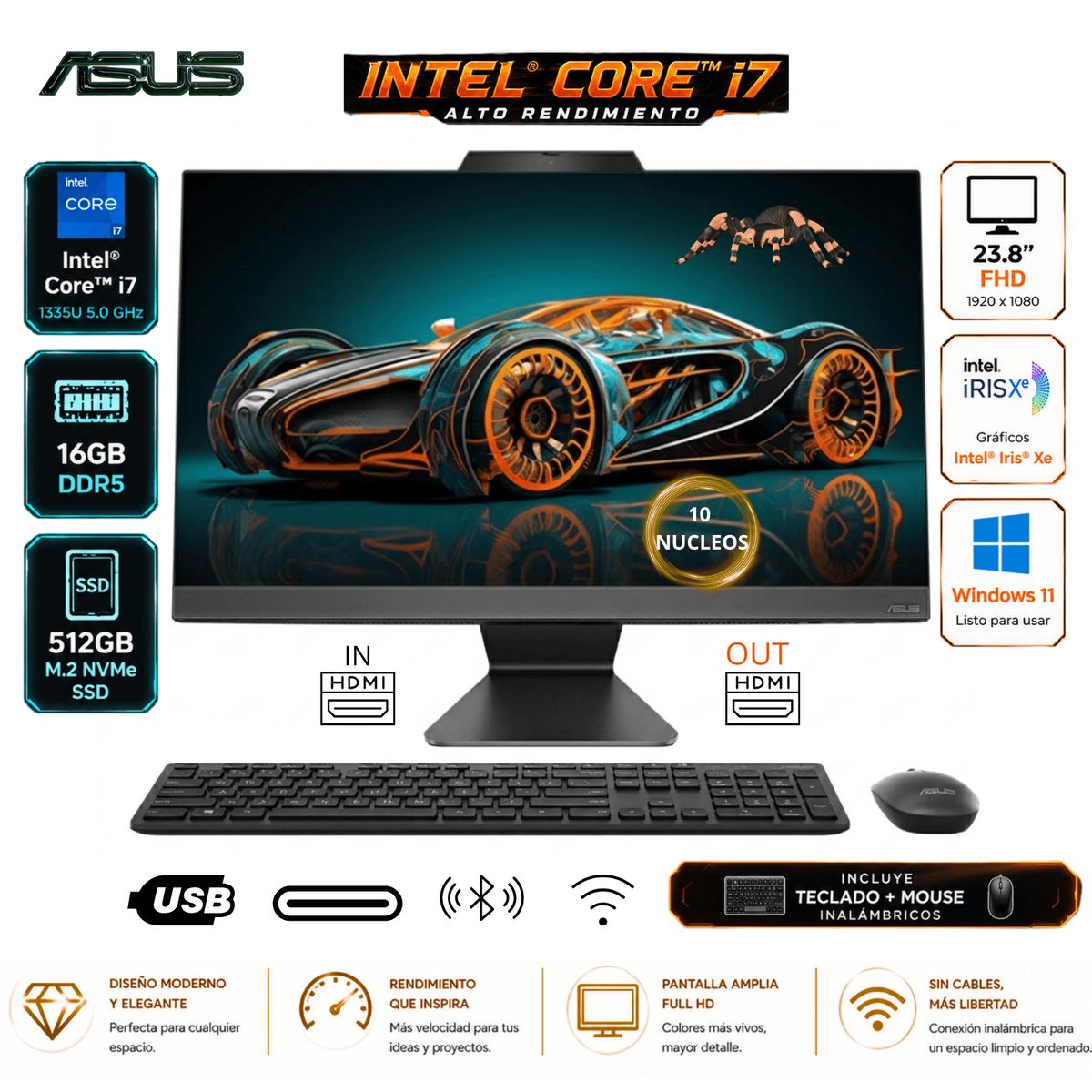 ASUS - PC All in One ASUS 23.8" FHD Core i7 13ª Gen 16GB 512GB SSD WiFi 6 Negro Ultra Rápido