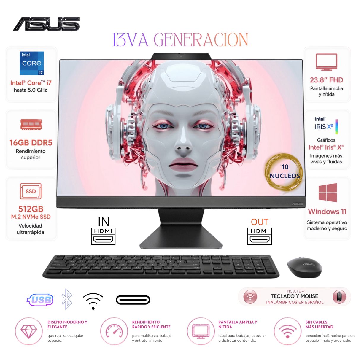 ASUS - PC All in One ASUS 23.8" FHD Core i7 13ª Gen 16GB 512GB SSD WiFi 6 Negro Ultra Rápido