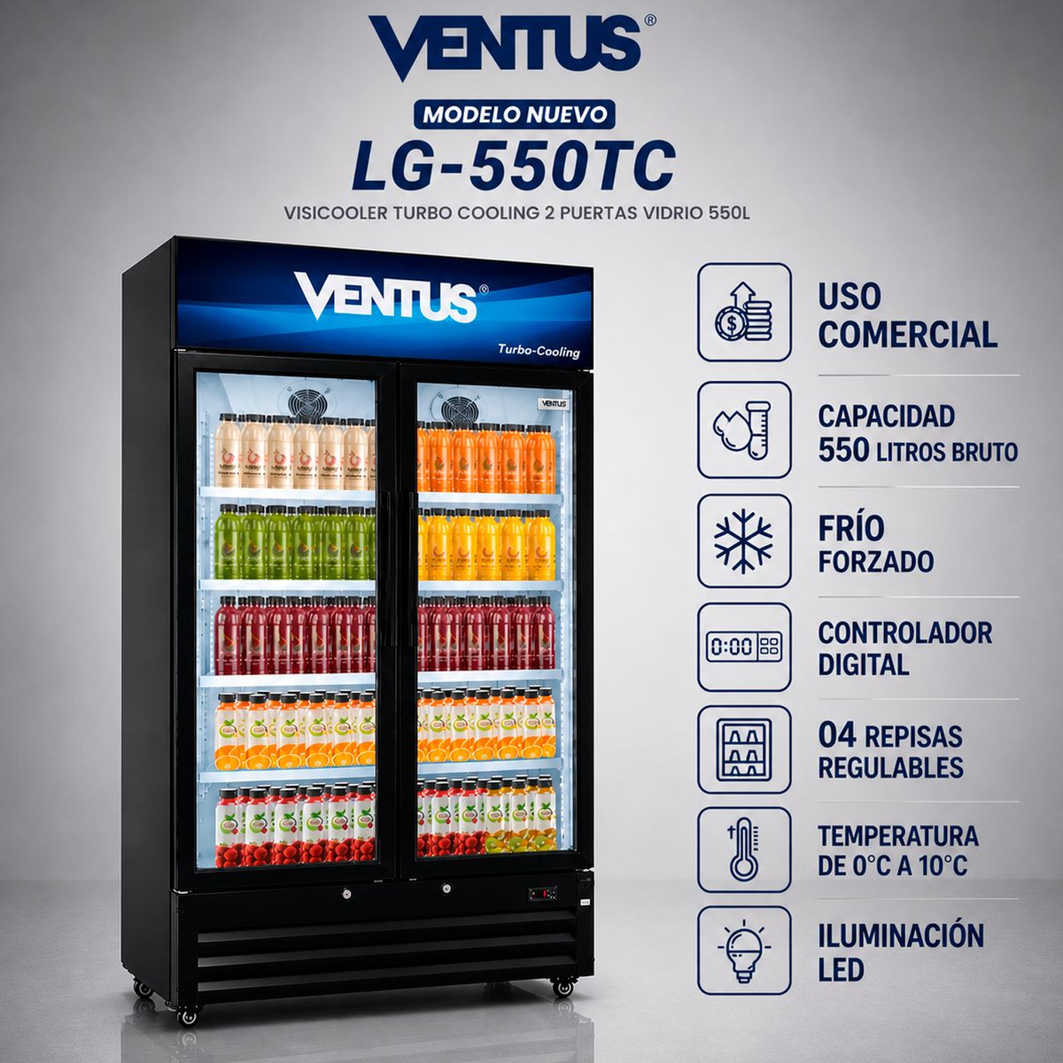 VENTUS - VISICOOLER 2 PTA DE VIDRIO 550 LT VENTUS LG-550TC