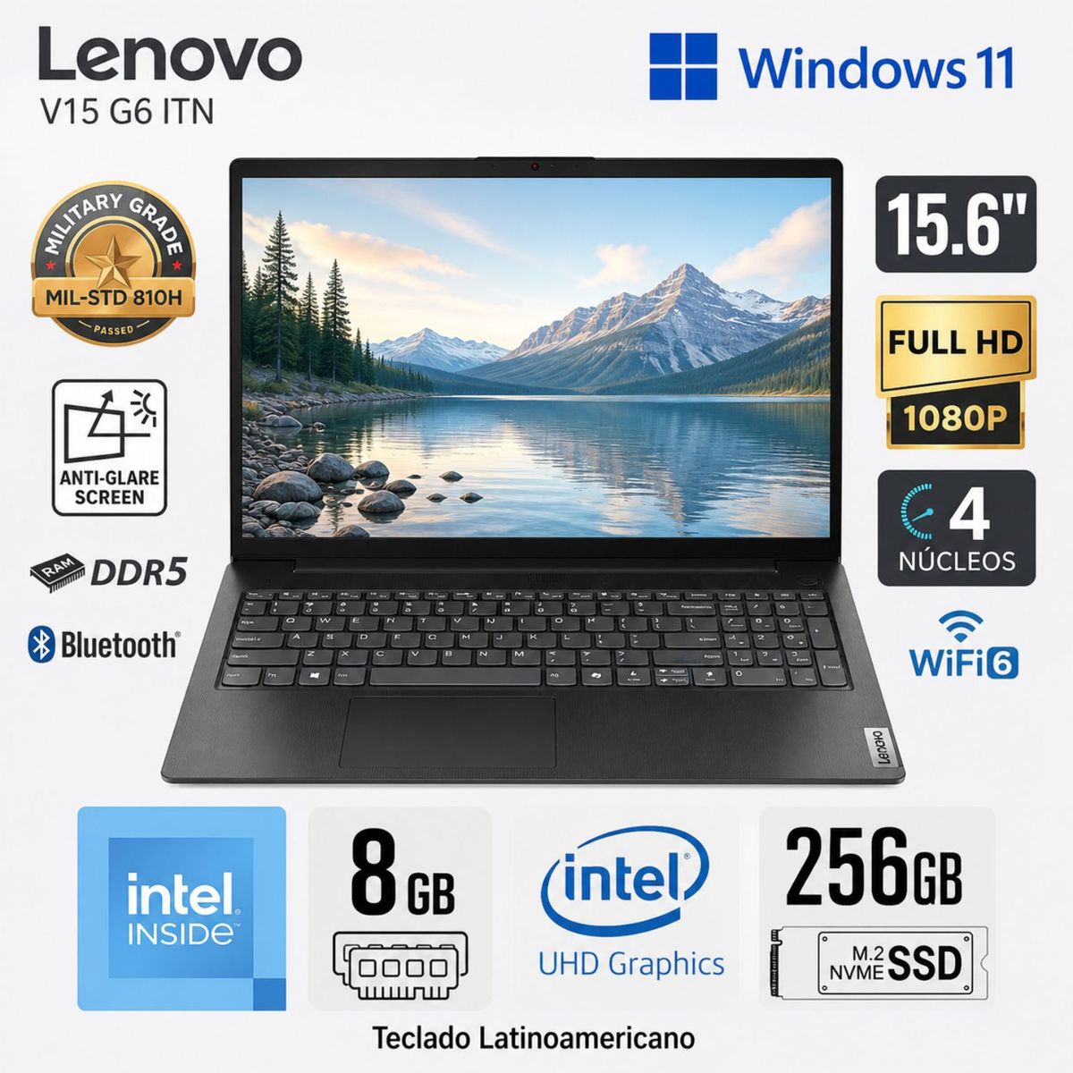 LENOVO - Laptop Lenovo V15 G6 ITN Intel N100 8GB RAM 256GB SSD 15.6 FHD - 83M40016LD