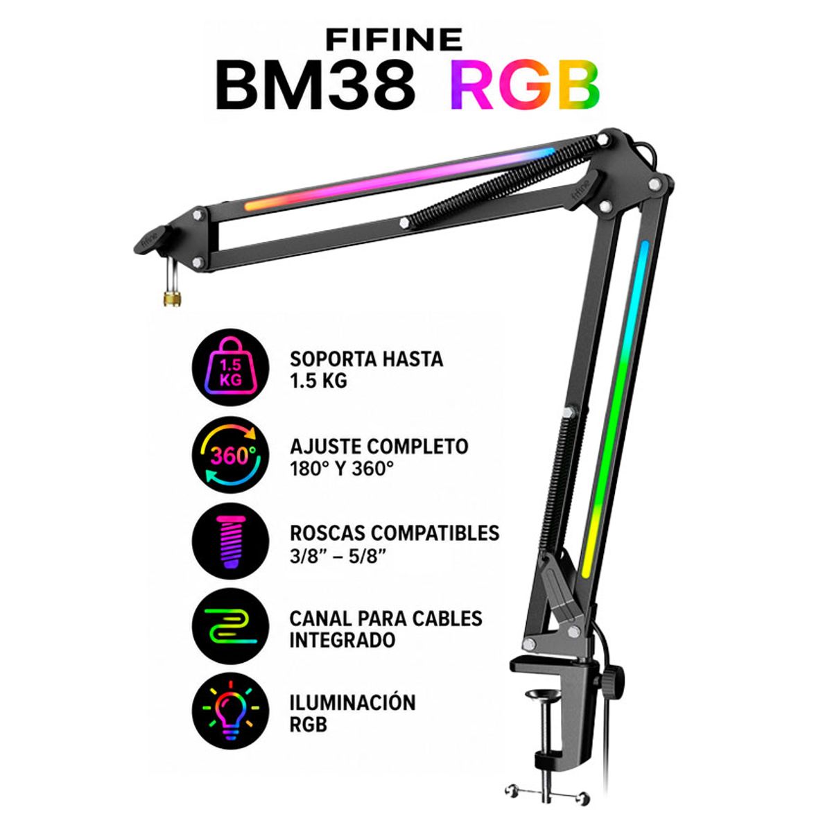 FIFINE - Brazo para Micrófono Fifine BM38 RGB BLACK