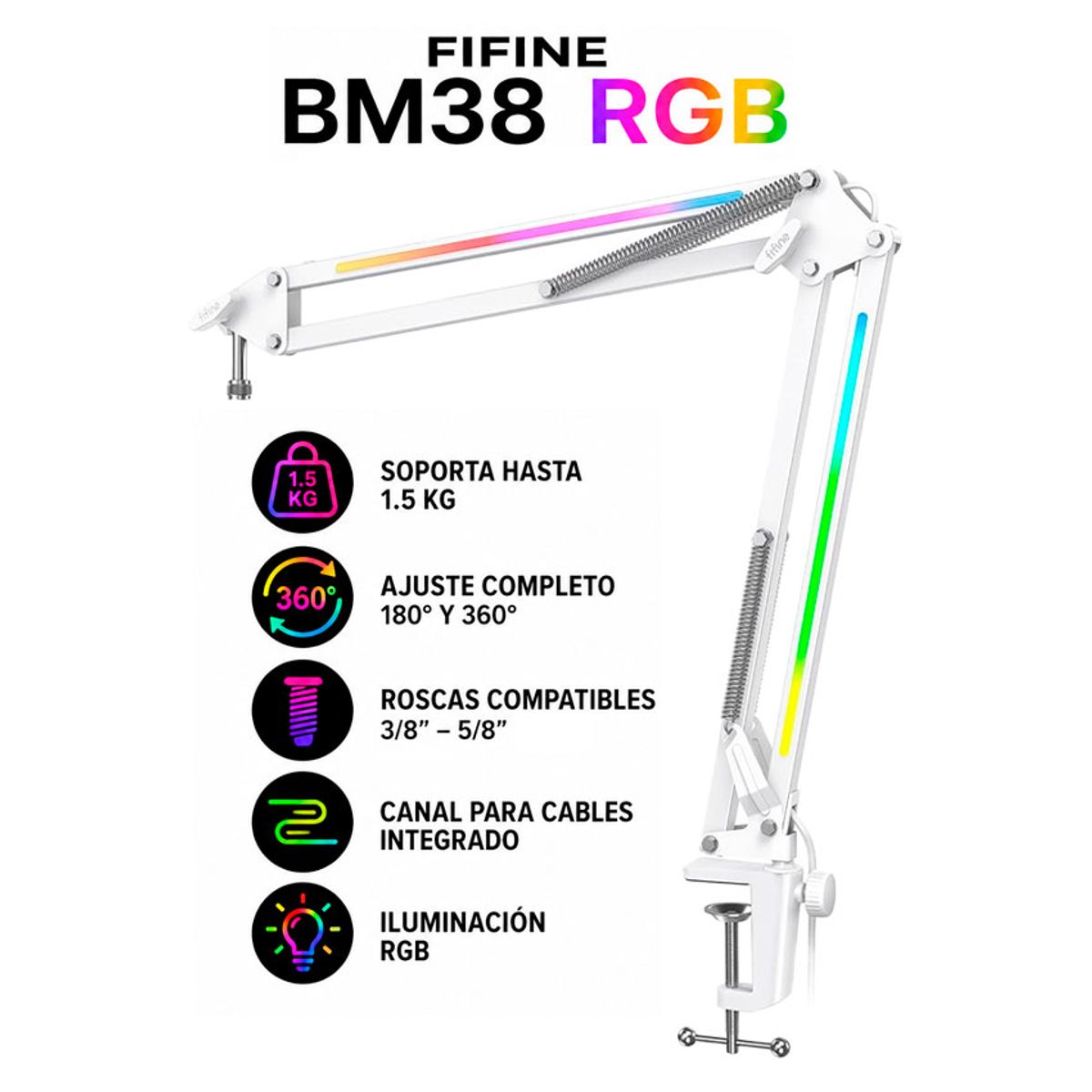 FIFINE - Brazo para Micrófono Fifine BM38 RGB WHITE