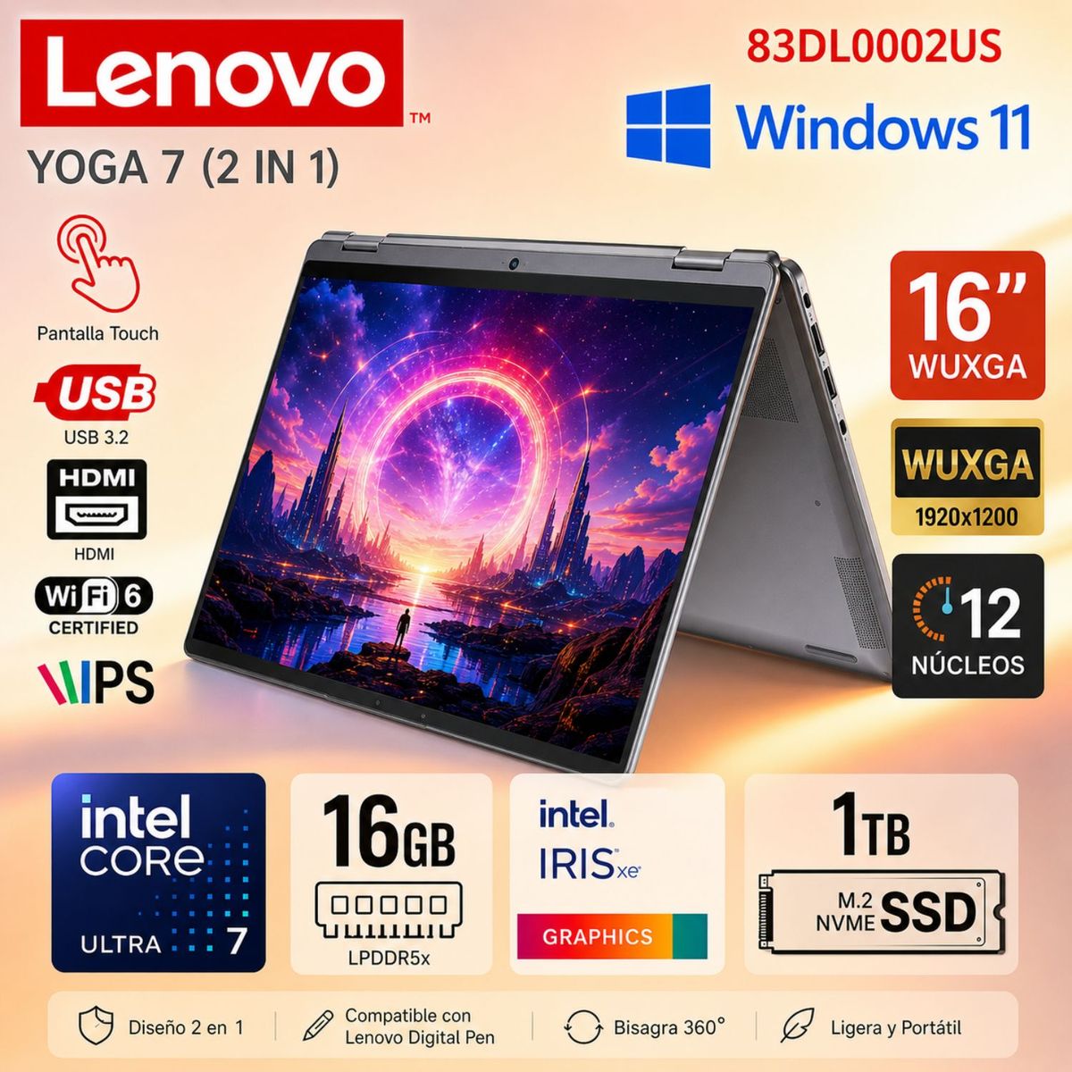 LENOVO - Laptop Lenovo Yoga 7 2 en 1 de 16" Core Ultra 7 155U 16GB RAM-LPDDR5X 1 TB SSD 16IML9 - 83DL0002US