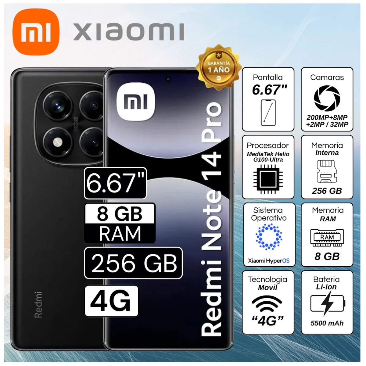 XIAOMI - Celular Xiaomi Redmi Note 14 Pro 6.67"  Pulg. 8GB RAM 256GB Xiaomi HyperOS - Negro