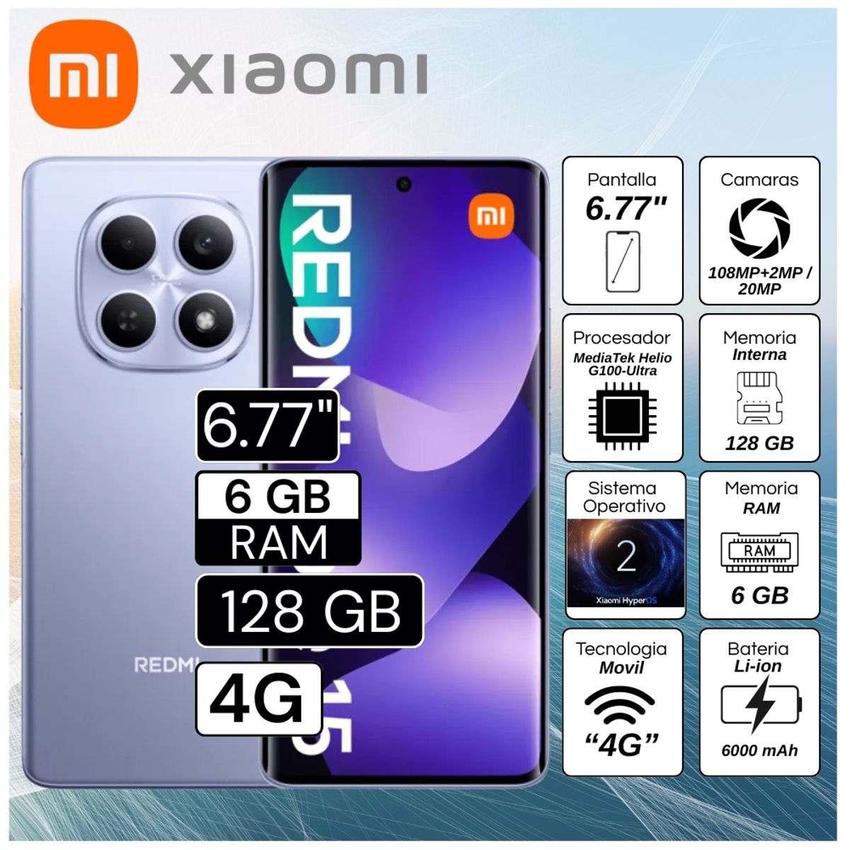 XIAOMI - Celular Xiaomi Redmi Note 15  6.77"  Pulg. 6GB RAM 128GB Xiaomi HyperOS 2 -  Morado