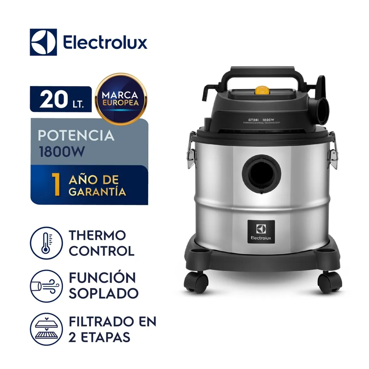 Aspiradora Agua y Polvo Electrolux 1800W 20L con ThermoControl y Función Soplado Inox GT20I, marca Electrolux - Foto Principal