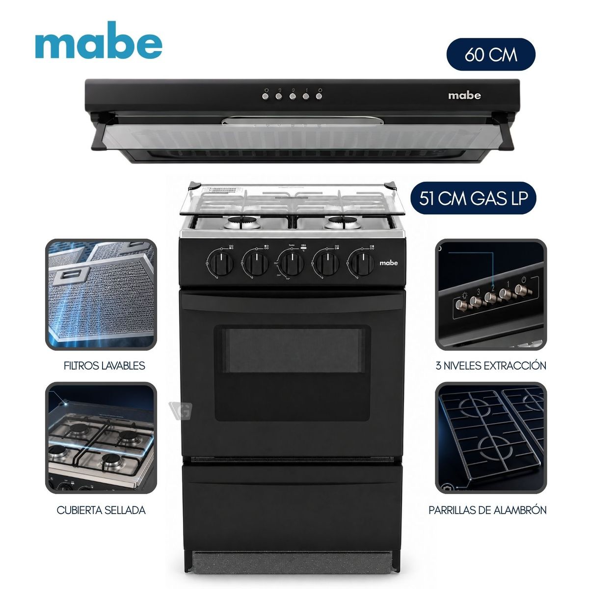 MABE - Cocina de Piso a Gas 51 cm Negro Mabe EMP2000AN0 + Campana CMU6020PB0 60 CM