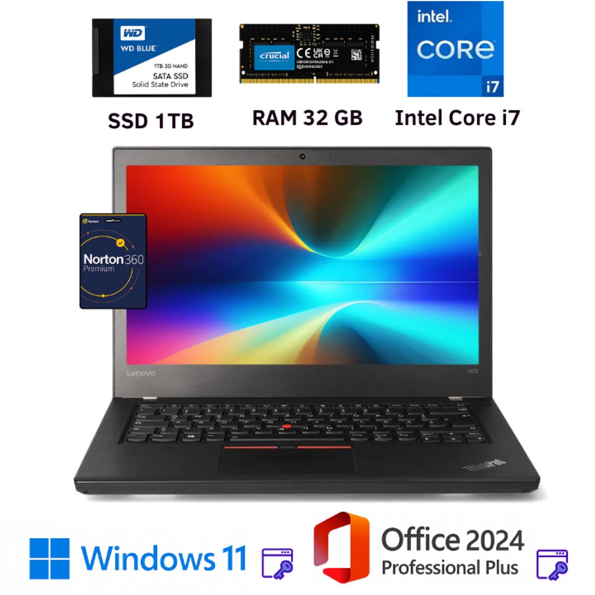 LENOVO - Laptop Lenovo ThinkPad T470, Intel  Core I7,32Gb RAM, 1TB SSD + Office 2024 PP +Windows 11P + Norton 360 Premium
