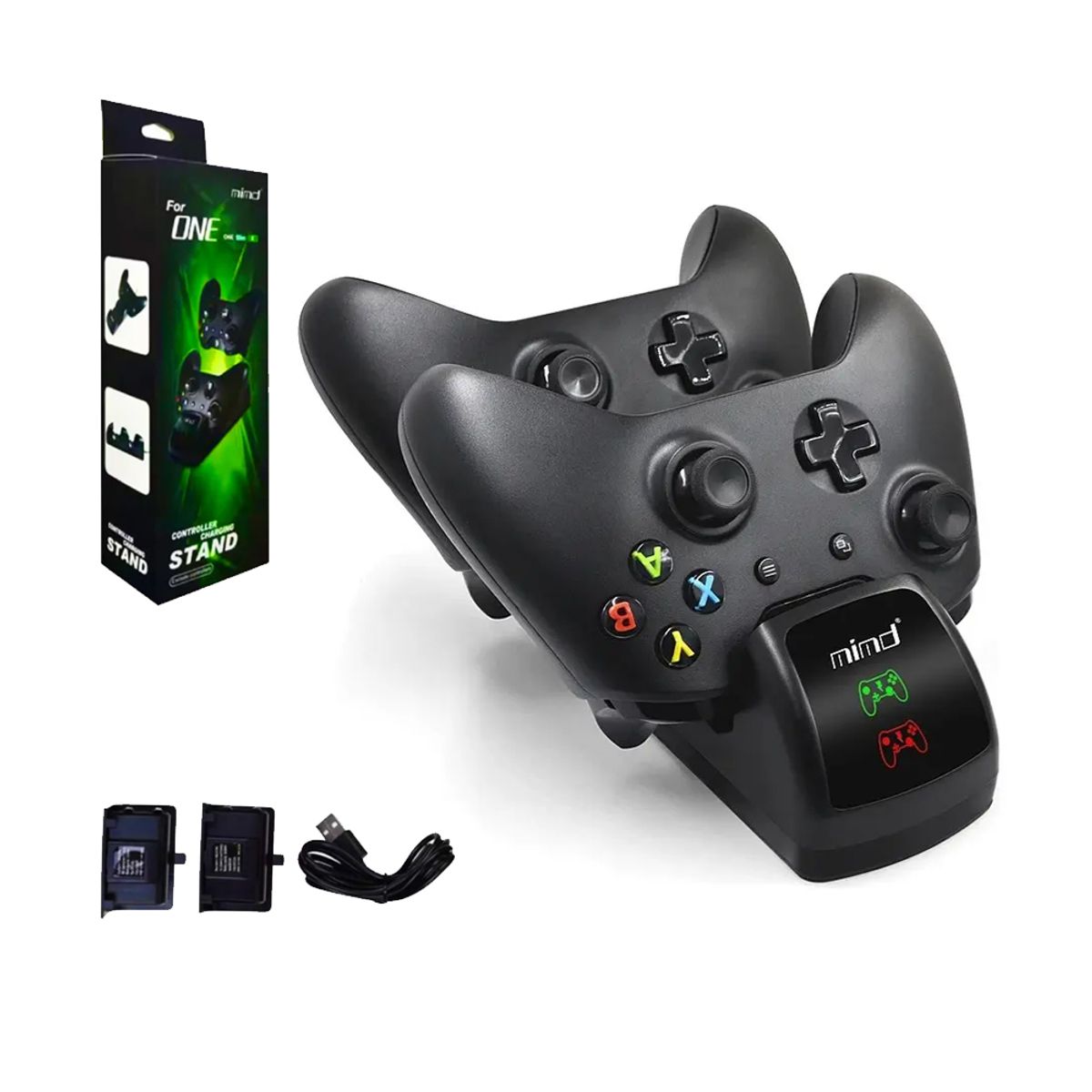 GENERICO - Base para Mandos Cargador de Control XBOX ONE Slim X Doble Luz Led +2 Baterías