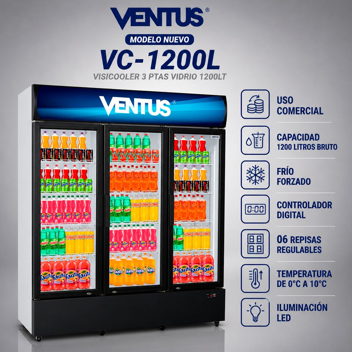 VENTUS - VISICOOLER 3 PTAS VIDRIO 1200LT VENTUS VC-1200L