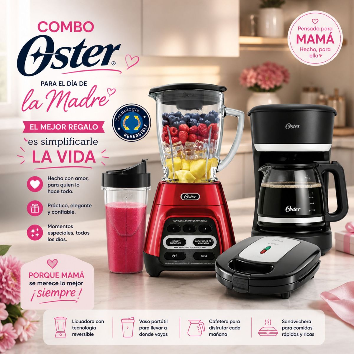 OSTER - COMBO OSTER TRIPLE PARA EL DIA DE LA MADRE , LICUADROA , CAFETERA Y SANGUCHERA