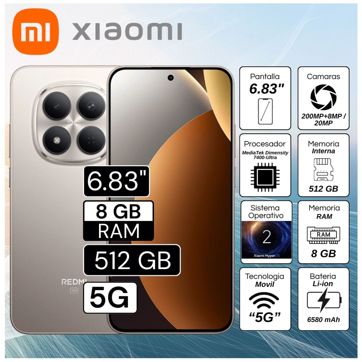 XIAOMI - Celular Xiaomi Redmi Note 15 Pro 5G 6.77"  Pulg. 8GB RAM 512GB Xiaomi HyperOS 2 -  Gris Titanio
