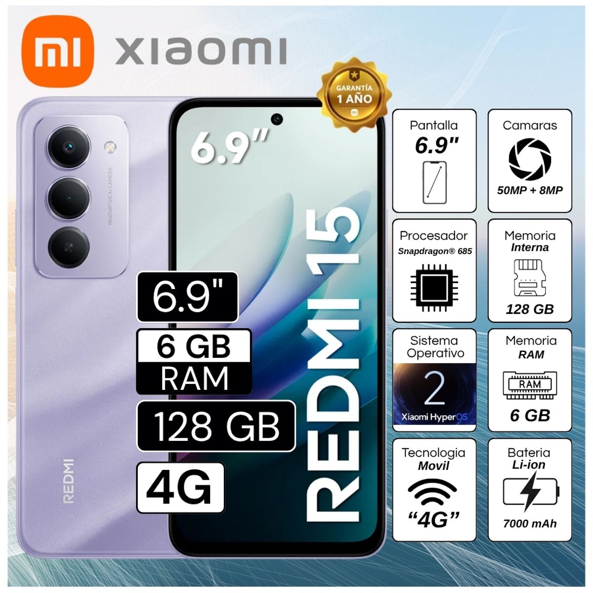 XIAOMI - Celular Xiaomi Redmi 15 6.9"  Pulg. 6GB RAM 128GB Xiaomi HyperOS 2 - Morado Arena