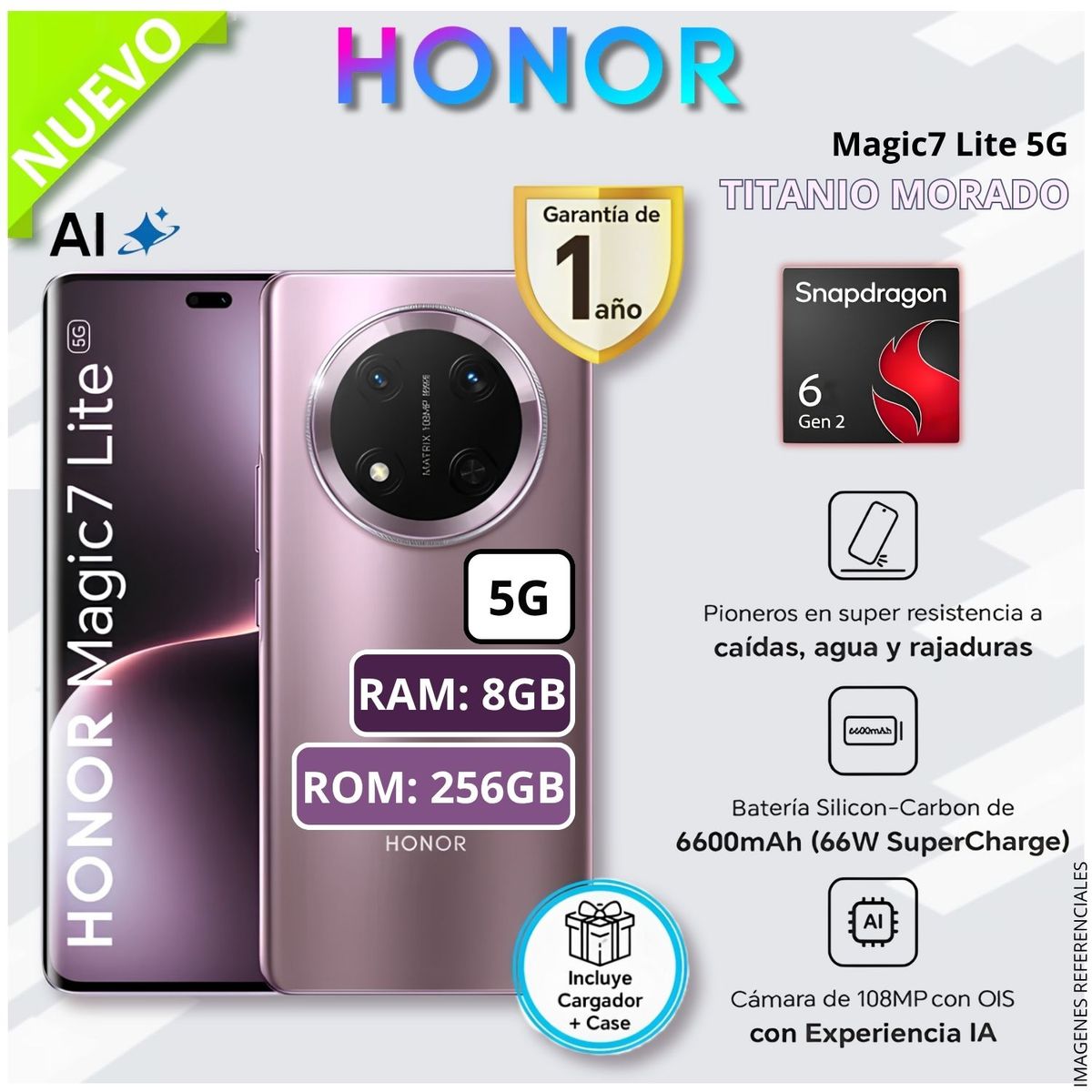 HONOR - Celular Honor Magic 7 Lite 5G 256GB 8GB RAM cámara 108MP + 5MP frontal 16MP 6.7 Titanio Morado