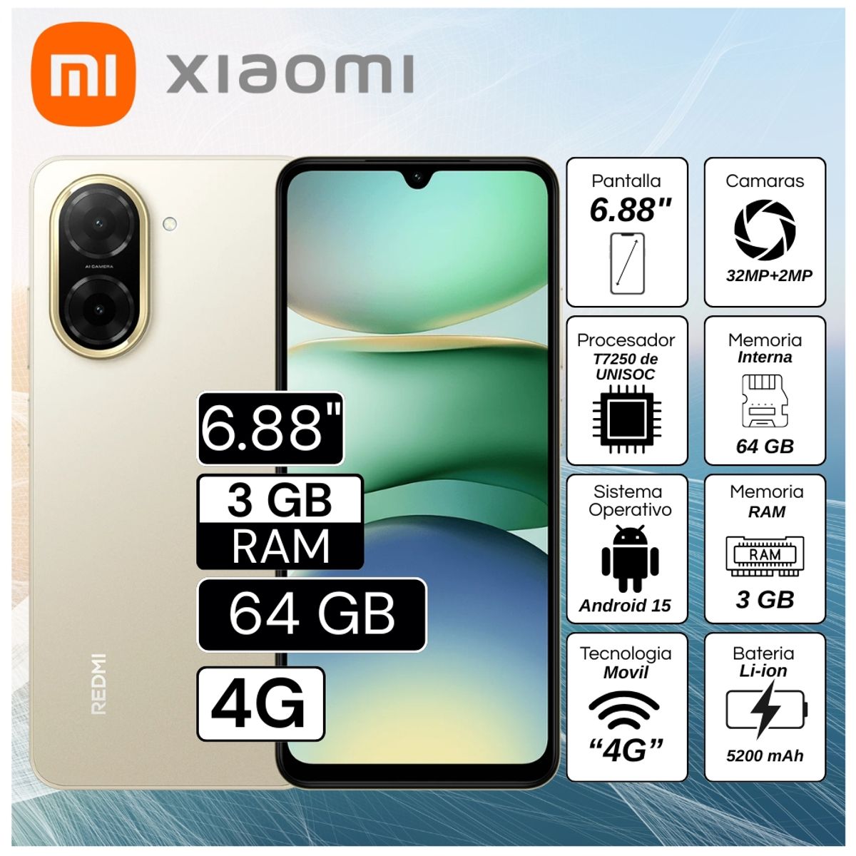 XIAOMI - Celular Xiaomi Redmi A5 3GB RAM 64GB 6.88"  Pulg. Android 15 - Oro Arenoso
