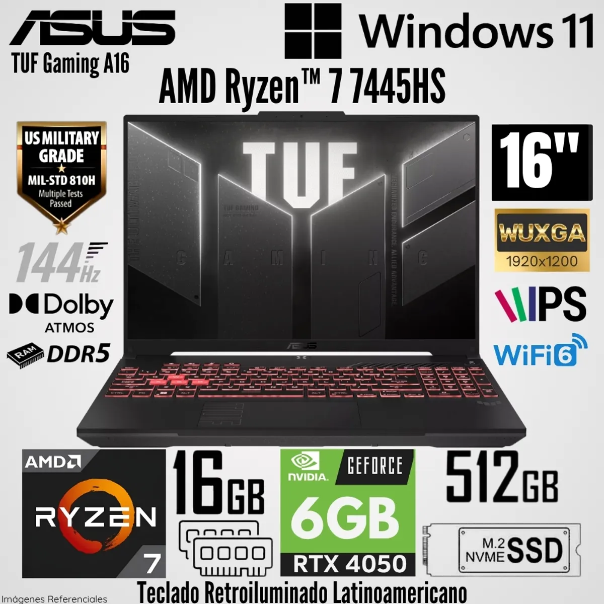 ASUS - Laptop Asus TUF Gaming FA607NUG-RL216 AMD Ryzen 7 7445HS 16GB RAM 512GB SSD RTX 4050-6GB 16"  WUXGA