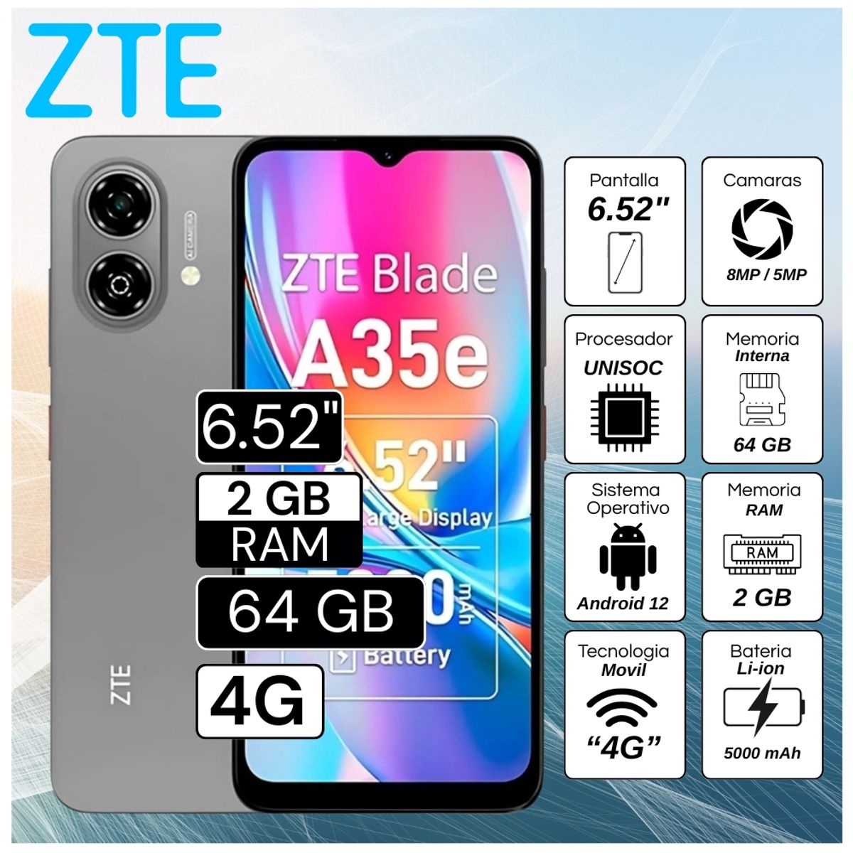 ZTE - Celular ZTE A35e 2GB RAM 64GB 6.52"  Pulg. Android 12 -  Gris