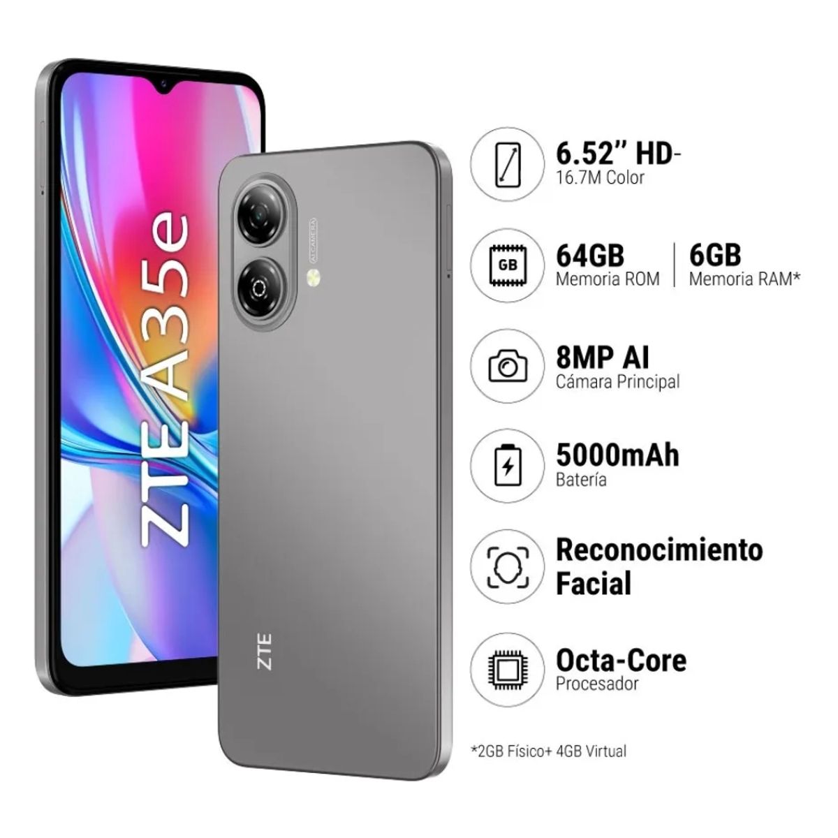 ZTE - Celular ZTE A35e 2GB RAM 64GB 6.52"  Pulg. Android 12 -  Gris