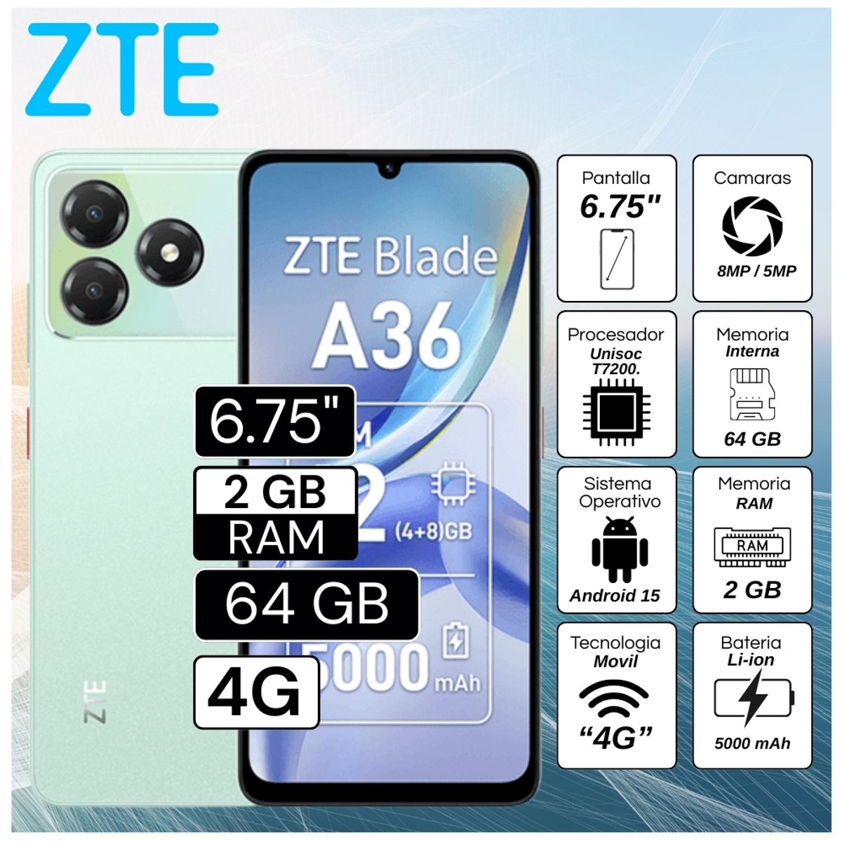 ZTE - Celular ZTE A36 2GB RAM 64GB 6.75"  Pulg. Android 15 -  Verde