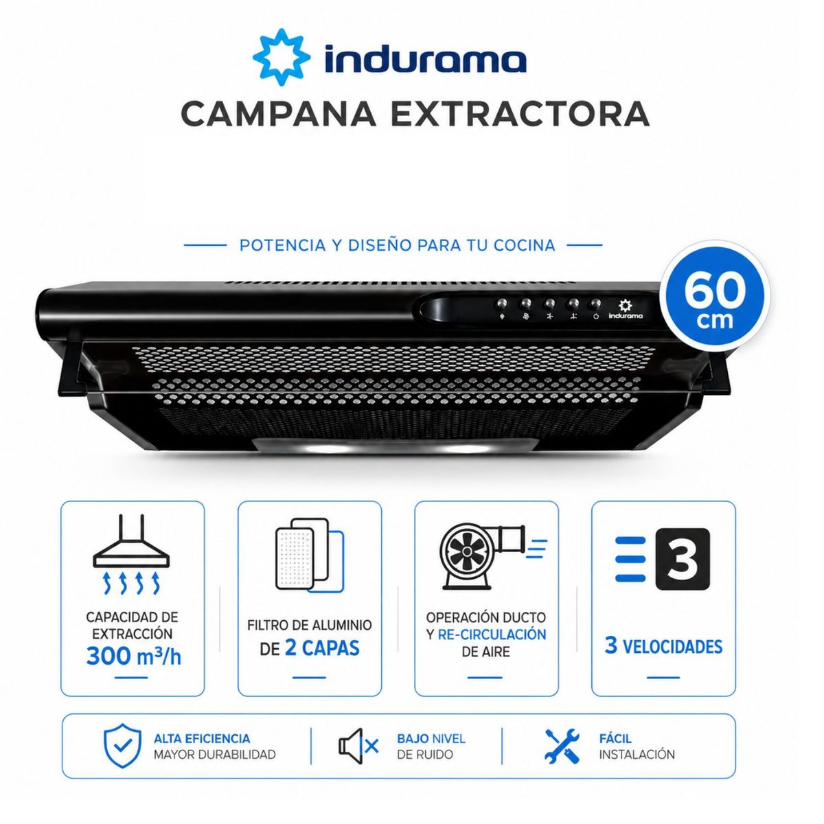 INDURAMA - Campana Extractora Indurama CEI-602NE 3 velocidades 60cm negro