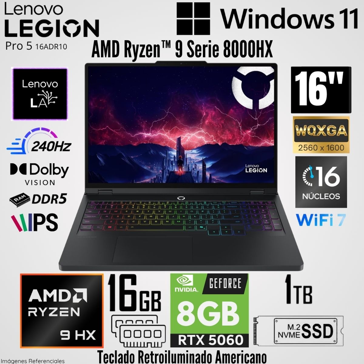 LENOVO - Laptop Lenovo Legion Pro 5 16ADR10 AMD Ryzen 9 8945HX 16GB RAM 1TB SSD RTX 5060-8GB 16"  WQXGA 240Hz