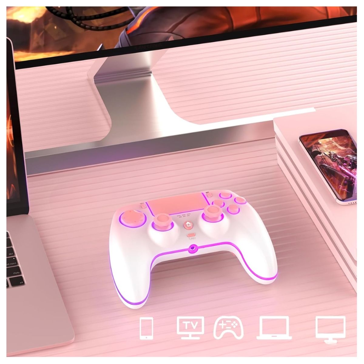 SEISA - Mando Joystick Compatible Ps4 Ps3 Switch Android Pc Recargable Rosa