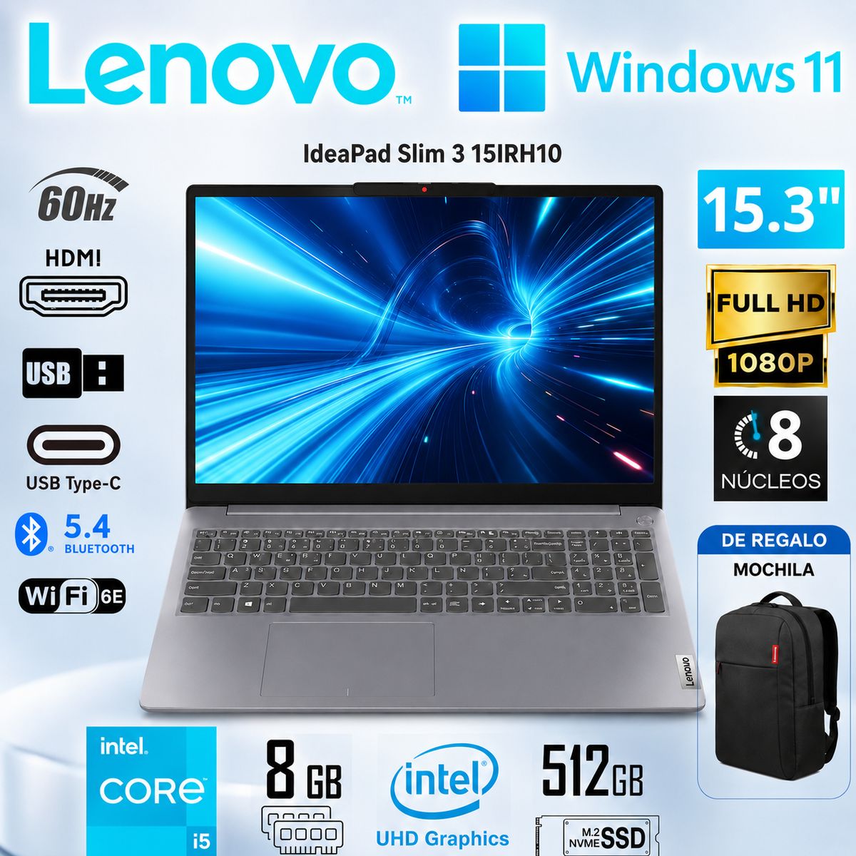LENOVO - Laptop Lenovo IdeaPad Slim 3 15IRH10 Intel Core i5-13420H 8GB RAM 512GB SSD 15.3"  83k100wjlm