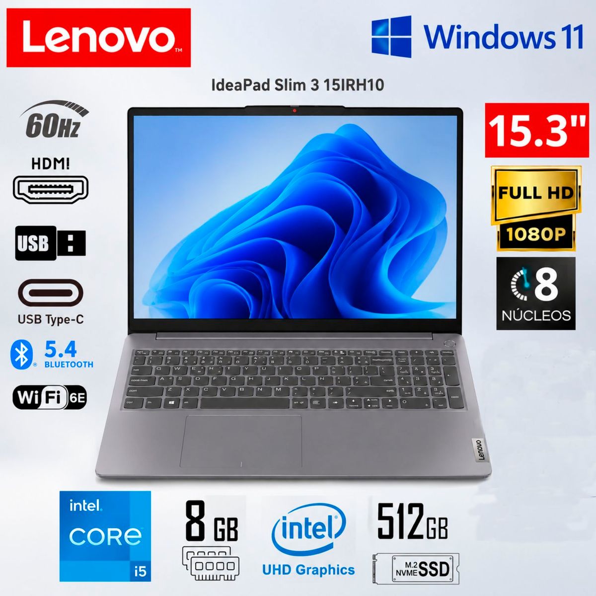 LENOVO - Laptop Lenovo IdeaPad Slim 3 15IRH10 Intel Core i5-13420H 8GB RAM 512GB SSD 15.3"  83k100wjlm