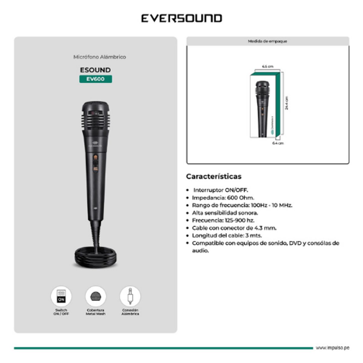 EVERSOUND - Micrófono Alámbrico EVERSOUND EV600 ESOUND Cable 3M