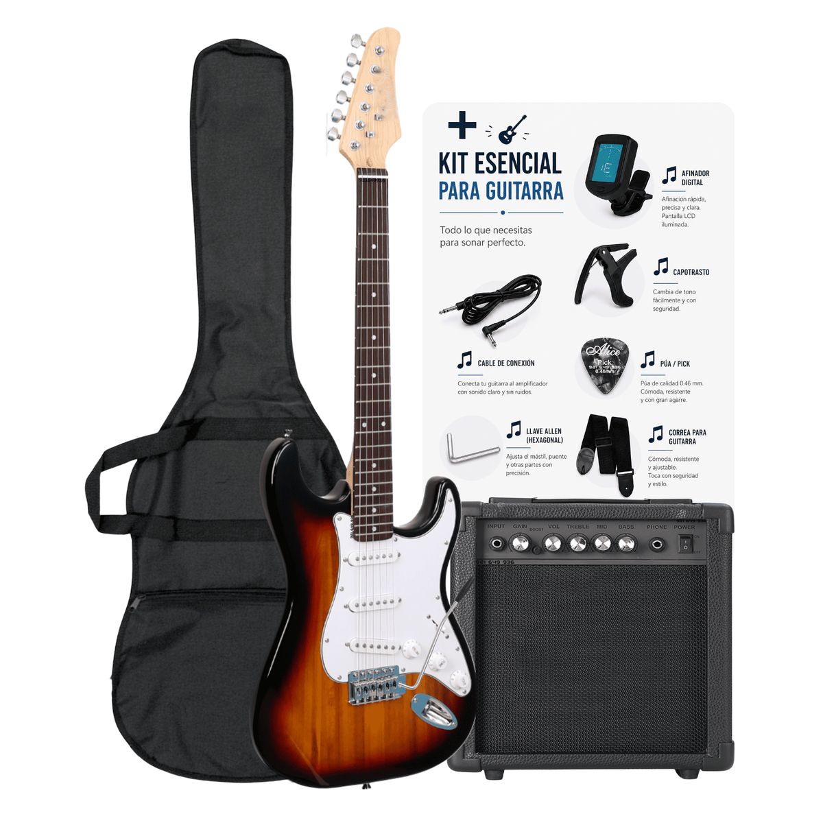 GENERICO - Pack Guitarra Electrica color Sunburst con Amplificador & Accesorios