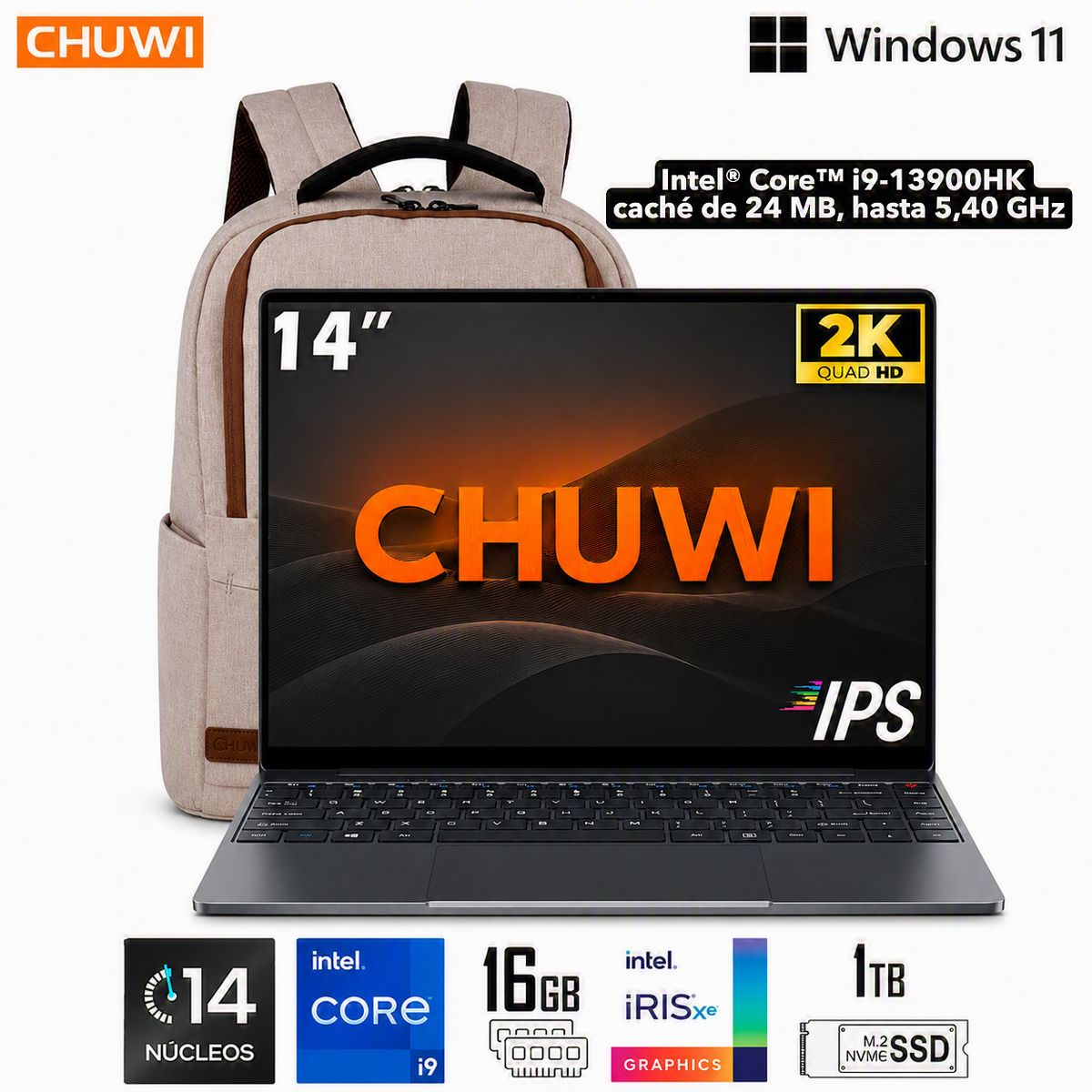NOTEBOOK COREBOOK X CHUWI 14.0 2K INTEL CORE I9-13900HK 16GB 1TB WINDOWS 11 - GRIS + MOCHILA TEROS TE-ACS9012, marca CHUWI - Foto Principal