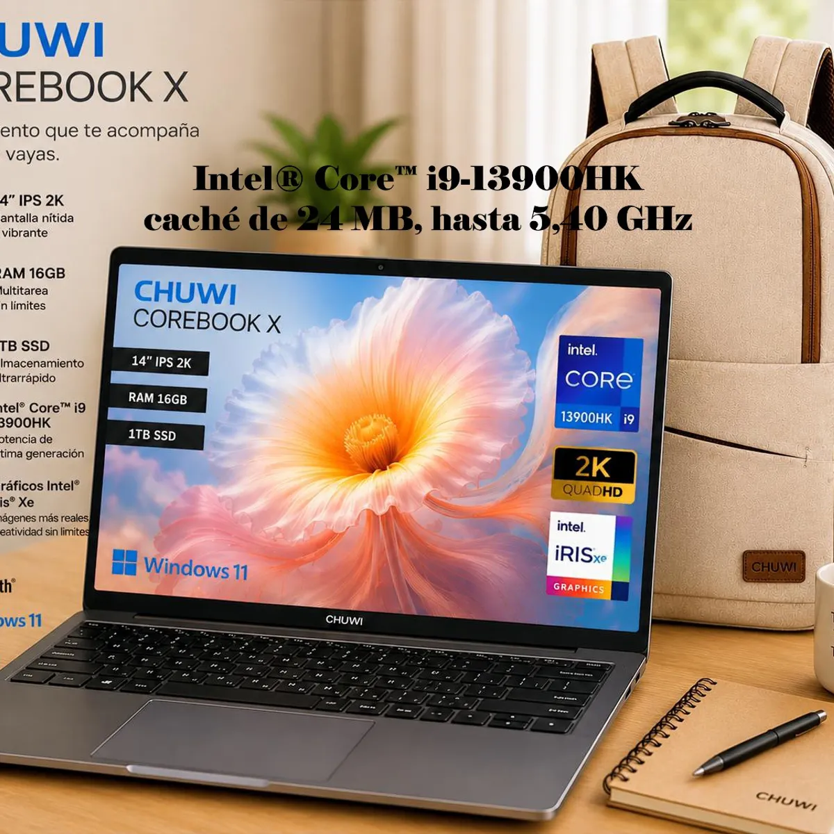 NOTEBOOK COREBOOK X CHUWI 14.0 2K INTEL CORE I9-13900HK 16GB 1TB WINDOWS 11 - GRIS + MOCHILA TEROS TE-ACS9012, marca CHUWI - Foto 2