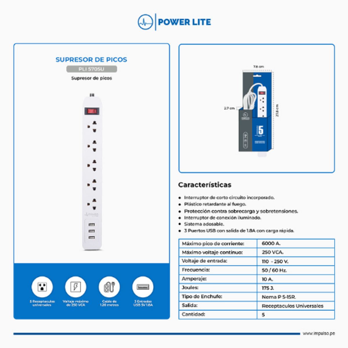 POWER LITE - Supresor de Picos MAGNUM PLI 5705U 5Tomas Cable 18awg 3usb POWER LITE