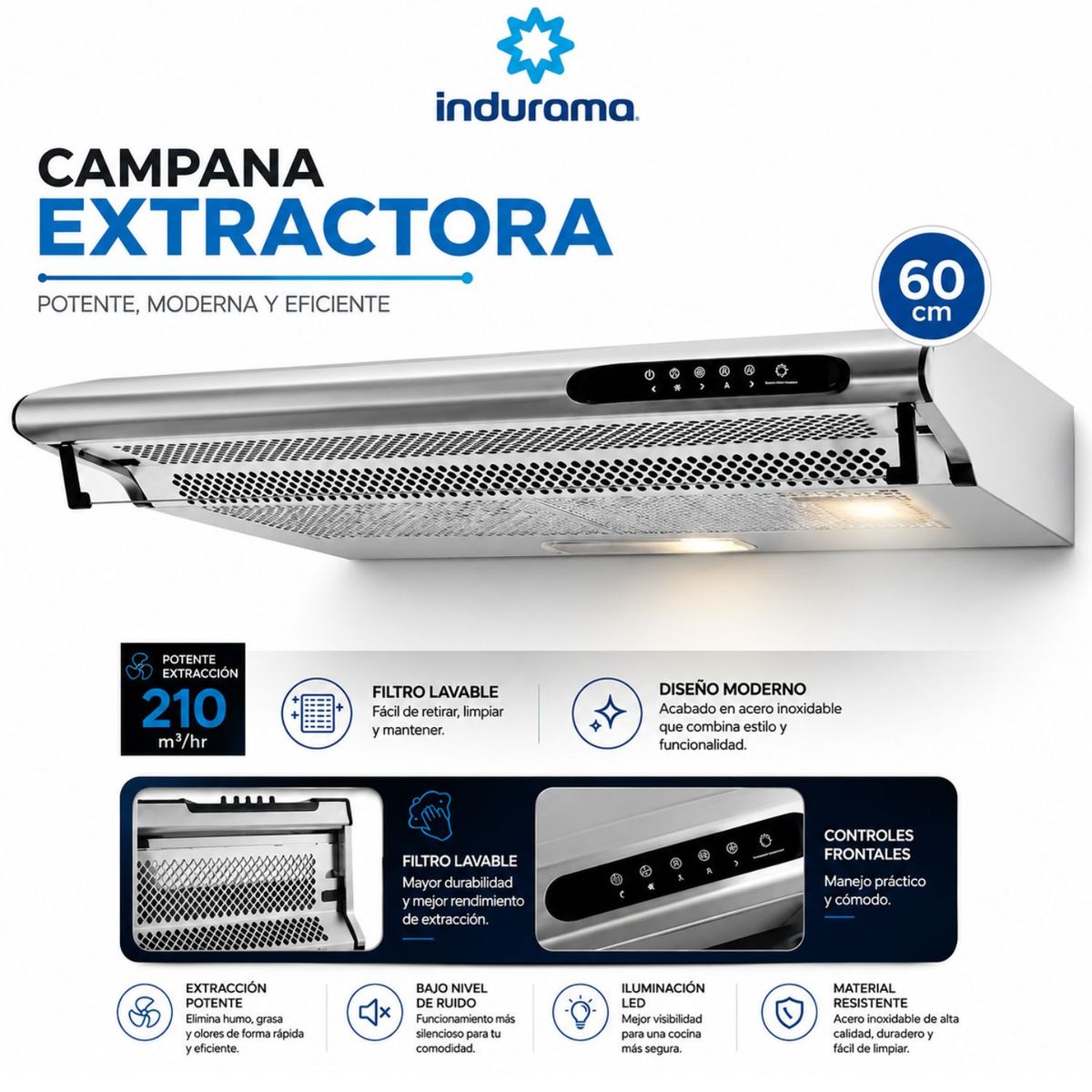 INDURAMA - Campana Indurama Extractora CEI-602CRP 3 Velocidades Silver