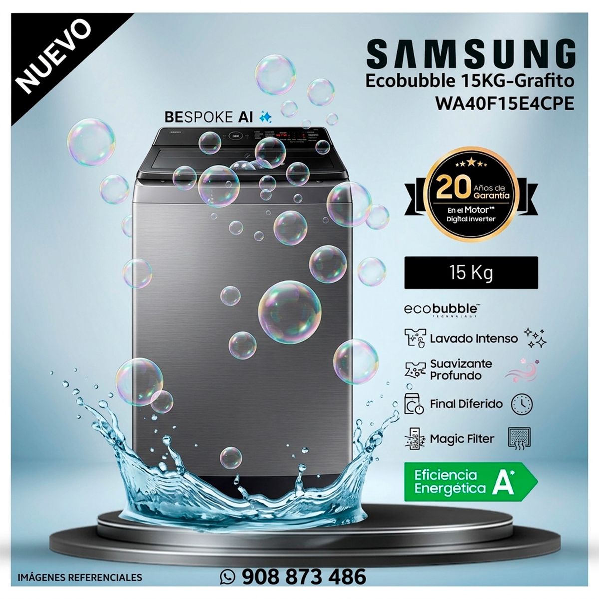 SAMSUNG - Lavadora Samsung 15Kg EcoBubble WA40F15E4CPE Gris Grafito - Modelo Nuevo