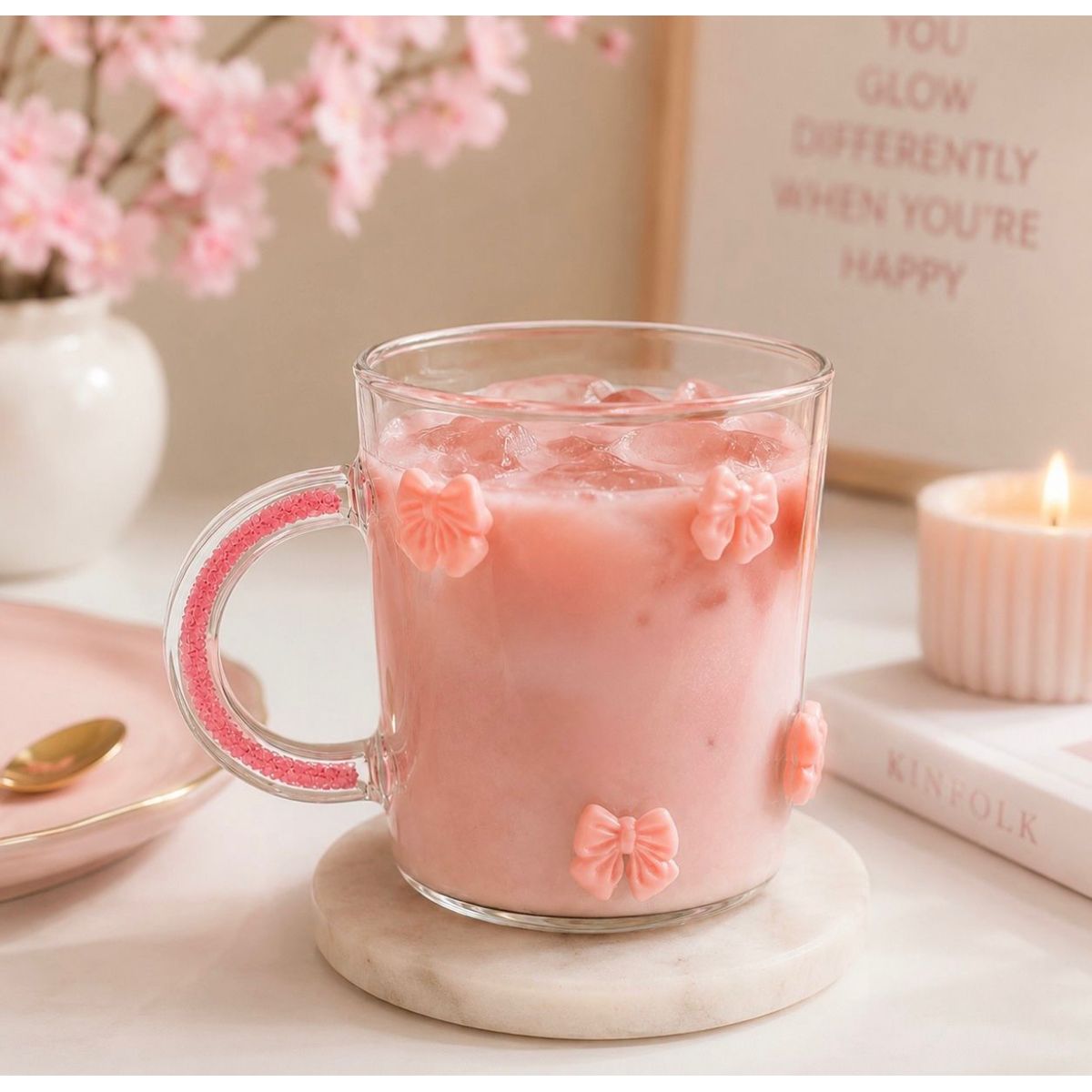 GENERICO - Taza con lazos 3D Rosa de Vidrio Borosilicato 450ML